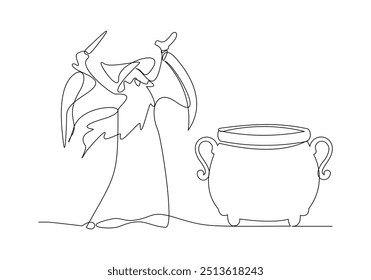 Continuous single line sketch drawing of wizard witch holding magical wand broom and potion cauldron halloween spooky concept one line vector illustration