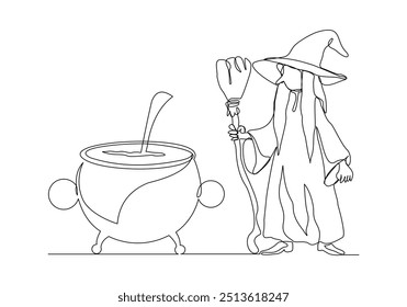 Continuous single line sketch drawing of wizard witch holding magical wand broom and potion cauldron halloween spooky concept one line vector illustration