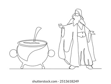 Continuous single line sketch drawing of wizard witch holding magical wand broom and potion cauldron halloween spooky concept one line vector illustration