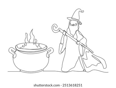 Continuous single line sketch drawing of wizard witch holding magical wand broom and potion cauldron halloween spooky concept one line vector illustration