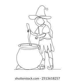 Continuous single line sketch drawing of wizard witch holding magical wand broom and potion cauldron halloween spooky concept one line vector illustration