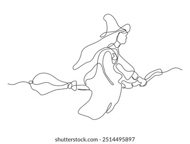 Continuous single line sketch drawing of wizard witch ride flying broom to the night sky halloween spooky concept one line vector illustration