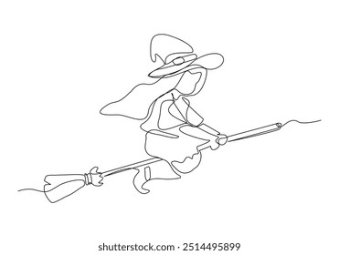 Continuous single line sketch drawing of wizard witch ride flying broom to the night sky halloween spooky concept one line vector illustration