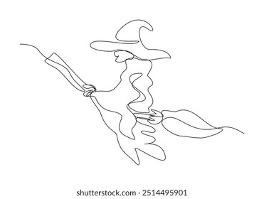 Continuous single line sketch drawing of wizard witch ride flying broom to the night sky halloween spooky concept one line vector illustration