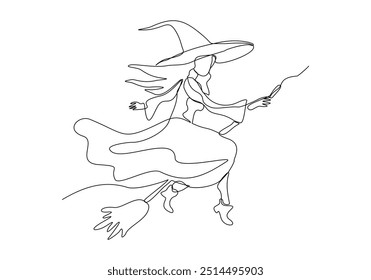 Continuous single line sketch drawing of wizard witch ride flying broom to the night sky halloween spooky concept one line vector illustration