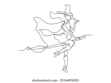 Continuous single line sketch drawing of wizard witch ride flying broom to the night sky halloween spooky concept one line vector illustration