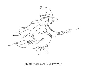 Continuous single line sketch drawing of wizard witch ride flying broom to the night sky halloween spooky concept one line vector illustration