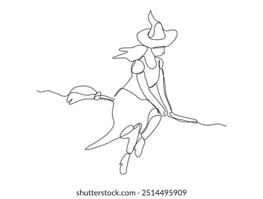 Continuous single line sketch drawing of wizard witch ride flying broom to the night sky halloween spooky concept one line vector illustration