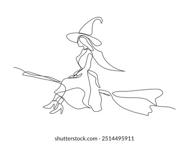 Continuous single line sketch drawing of wizard witch ride flying broom to the night sky halloween spooky concept one line vector illustration