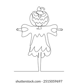 Continuous single line sketch drawing of pumpkin jack o lantern scarecrow halloween day. One line art scarecrow to ward off pest birds which has damaged the fields vector illustration