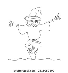 Desenho de esboço de linha única contínuo de abóbora jack o espantalho lanterna dia de Halloween. Um espantalho de arte de linha para afastar as aves de praga que danificou a ilustração do vetor de campos