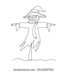 Continuous single line sketch drawing of pumpkin jack o lantern scarecrow halloween day. One line art scarecrow to ward off pest birds which has damaged the fields vector illustration