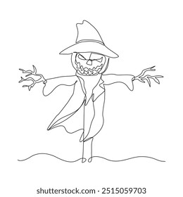 Continuous single line sketch drawing of pumpkin jack o lantern scarecrow halloween day. One line art scarecrow to ward off pest birds which has damaged the fields vector illustration