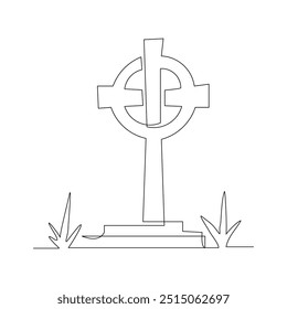 Continuous single line sketch drawing of spooky horror scary gravestone grave cemetery memorial halloween concept one line art vector illustration