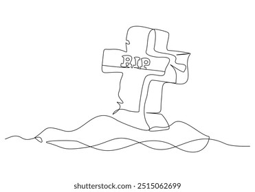 Continuous single line sketch drawing of spooky horror scary gravestone grave cemetery memorial halloween concept one line art vector illustration