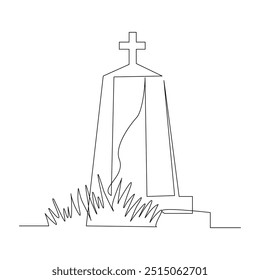 Continuous single line sketch drawing of spooky horror scary gravestone grave cemetery memorial halloween concept one line art vector illustration