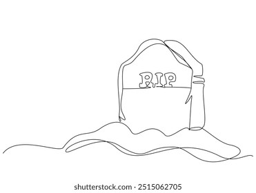 Continuous single line sketch drawing of spooky horror scary gravestone grave cemetery memorial halloween concept one line art vector illustration