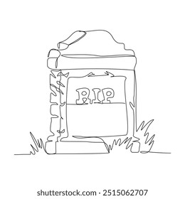 Continuous single line sketch drawing of spooky horror scary gravestone grave cemetery memorial halloween concept one line art vector illustration