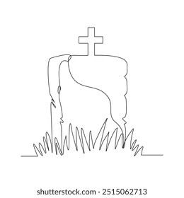 Continuous single line sketch drawing of spooky horror scary gravestone grave cemetery memorial halloween concept one line art vector illustration