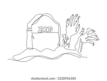 Continuous single line sketch drawing of spooky horror scary zombie hand arise from gravestone grave cemetery memorial halloween concept one line art vector illustration