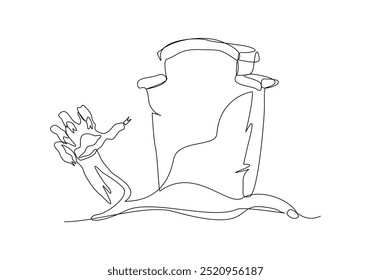 Continuous single line sketch drawing of spooky horror scary zombie hand arise from gravestone grave cemetery memorial halloween concept one line art vector illustration