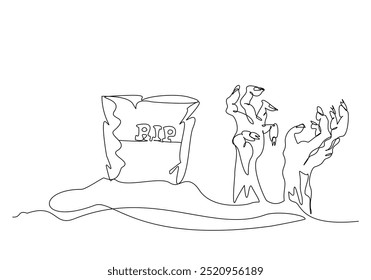 Continuous single line sketch drawing of spooky horror scary zombie hand arise from gravestone grave cemetery memorial halloween concept one line art vector illustration