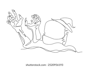 Continuous single line sketch drawing of spooky horror scary zombie hand arise from gravestone grave cemetery memorial halloween concept one line art vector illustration