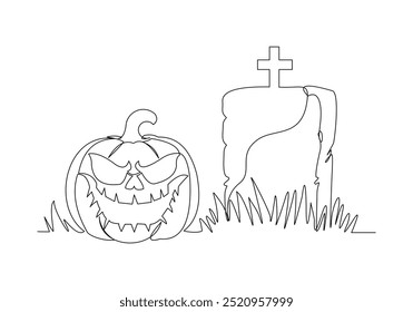 Desenho de esboço de linha única contínuo de terror assustador, sorriso, abóbora jack o lanterna no túmulo lápide cemitério memorial halloween conceito uma linha arte vetor ilustração