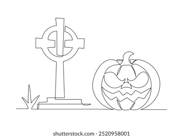 Desenho de esboço de linha única contínuo de terror assustador, sorriso, abóbora jack o lanterna no túmulo lápide cemitério memorial halloween conceito uma linha arte vetor ilustração