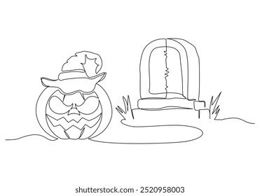 Continuous single line sketch drawing of spooky horror scary smiling pumpkin jack o lantern at gravestone grave cemetery memorial halloween concept one line art vector illustration