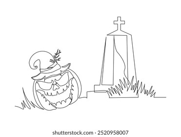 Continuous single line sketch drawing of spooky horror scary smiling pumpkin jack o lantern at gravestone grave cemetery memorial halloween concept one line art vector illustration