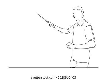 Dibujo continuo de boceto de una sola línea de un hombre de negocios de pie que hace una presentación señalando con un palo para explicar algo. Una línea de Ilustración vectorial de arte