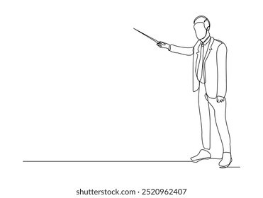 Continuous single line sketch drawing of standing businessman doing presentation pointing with stick explain something. One line art vector illustration