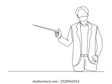 Continuous single line sketch drawing of standing businessman doing presentation pointing with stick explain something. One line art vector illustration