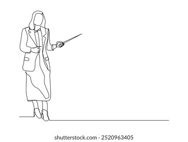 Continuous single line sketch drawing of standing business woman doing presentation pointing with stick explain something. One line art vector illustration