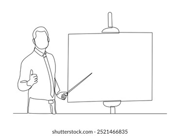 Desenho de esboço de linha única contínuo do empresário em pé fazendo a apresentação apontando na tela projetor com vara explicar algo. Ilustração vetorial de uma arte de linha