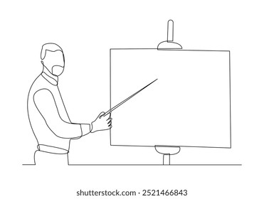 Continuous single line sketch drawing of standing businessman doing presentation pointing on board screen projector with stick explain something. One line art vector illustration
