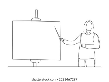 Desenho de esboço de linha única contínuo de mulher de negócios em pé fazendo a apresentação apontando na tela projetor com vara explicar algo. Ilustração vetorial de uma arte de linha