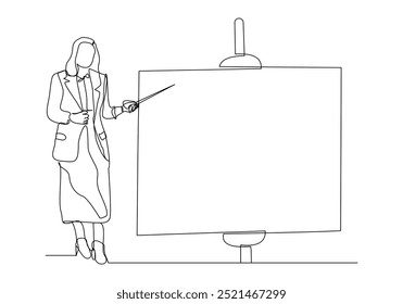 Desenho de esboço de linha única contínuo de mulher de negócios em pé fazendo a apresentação apontando na tela projetor com vara explicar algo. Ilustração vetorial de uma arte de linha