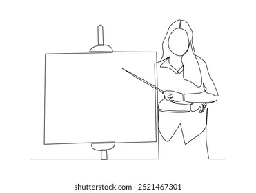 Continuous single line sketch drawing of standing business woman doing presentation pointing on board screen projector with stick explain something. One line art vector illustration