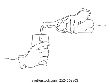 Continuous single line sketch drawing of hand pouring champagne wine liquor from bottle to glass one line art vector illustration
