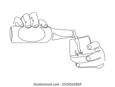 Continuous single line sketch drawing of hand pouring champagne wine liquor from bottle to glass one line art vector illustration