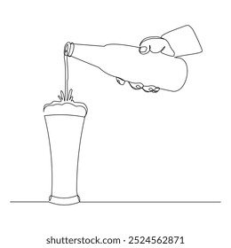 Dibujo continuo de boceto de una sola línea de licor de vino de champán vertido a mano de botella a vidrio Ilustración vectorial de arte de una línea