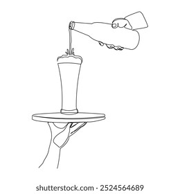 Continuous single line sketch drawing of waiters  bartender hand pouring champagne wine liquor from bottle to glass on the tray one line art vector illustration