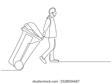 Continuous single line sketch drawing of man holding pushing rubbish bin garbage plastic box container trash can one line vector illustration