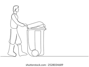 Continuous single line sketch drawing of man holding pushing rubbish bin garbage plastic box container trash can one line vector illustration