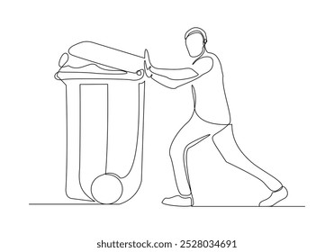 Continuous single line sketch drawing of man holding pushing rubbish bin garbage plastic box container trash can one line vector illustration