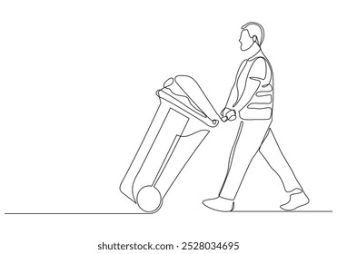 Continuous single line sketch drawing of man holding pushing rubbish bin garbage plastic box container trash can one line vector illustration