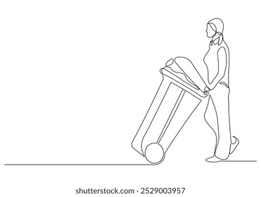 Continuous single line sketch drawing of woman holding pushing rubbish bin garbage plastic box container trash can one line editable vector illustration