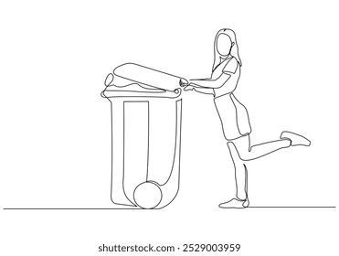 Continuous single line sketch drawing of woman holding pushing rubbish bin garbage plastic box container trash can one line editable vector illustration